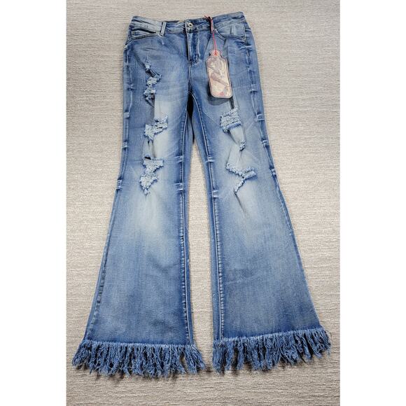 Elite Jeans Denim - Elite Jeans Juniors 11/12 Flare Denim Distressed Fringe Hem Y2K Deadstock NWT